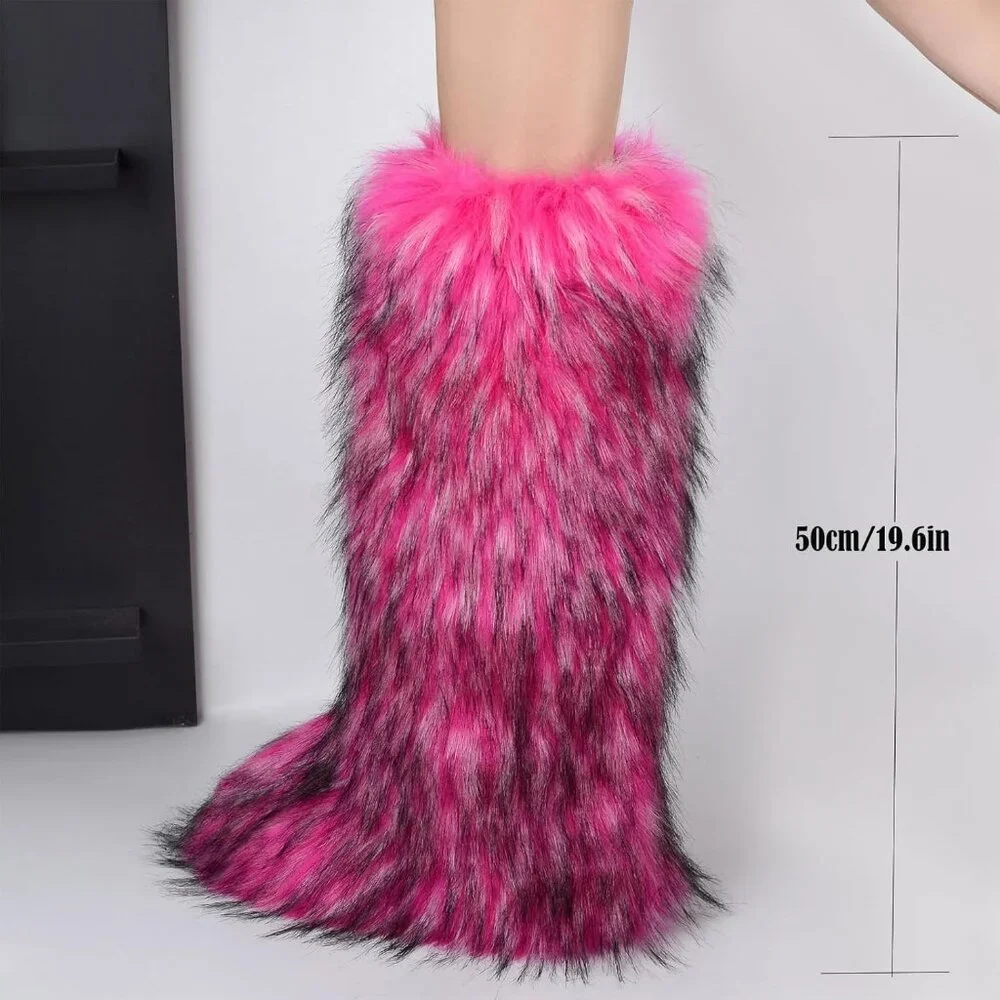 ⚡Women Rose Red Faux Fur Fluffy Cosy Round Toe Knee High Warm Outdoor Fur Boot